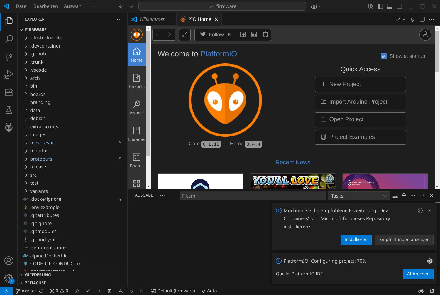 PlatformIO konfiguriert das Projekt