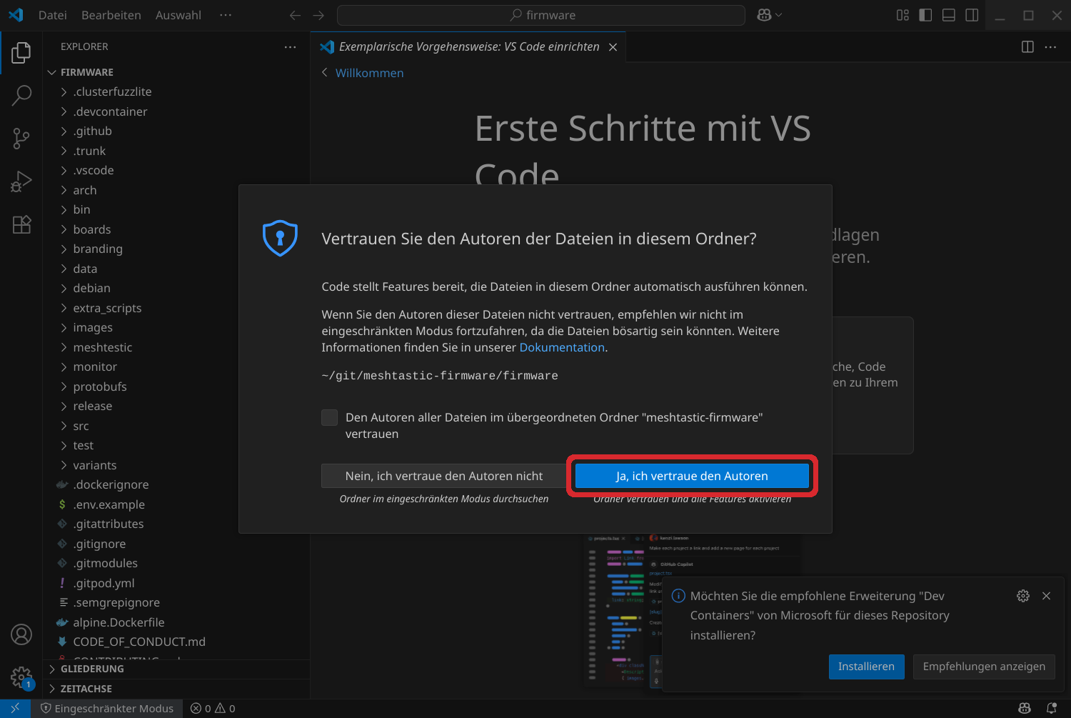 Vertraue den Autoren beim Öffnen des Meshtastic Firmware Projekts